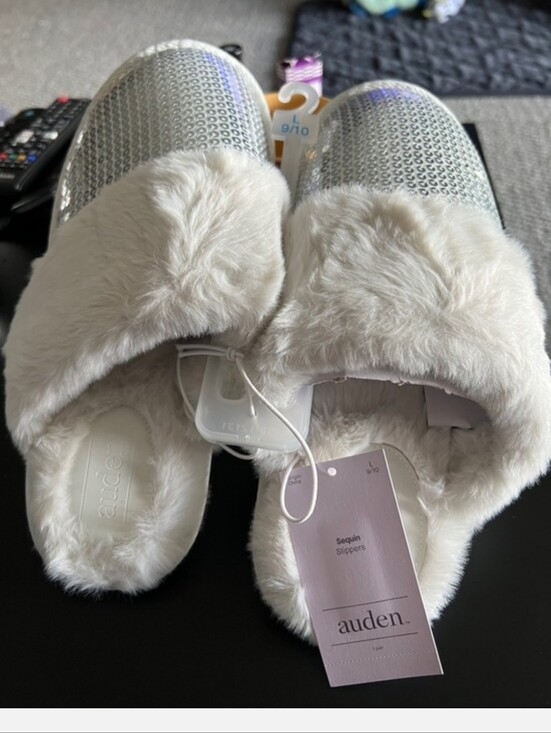 Auden Shoes - Auden Women's Silver Sequin Faux-Fur Slide Slippers Large 9/10